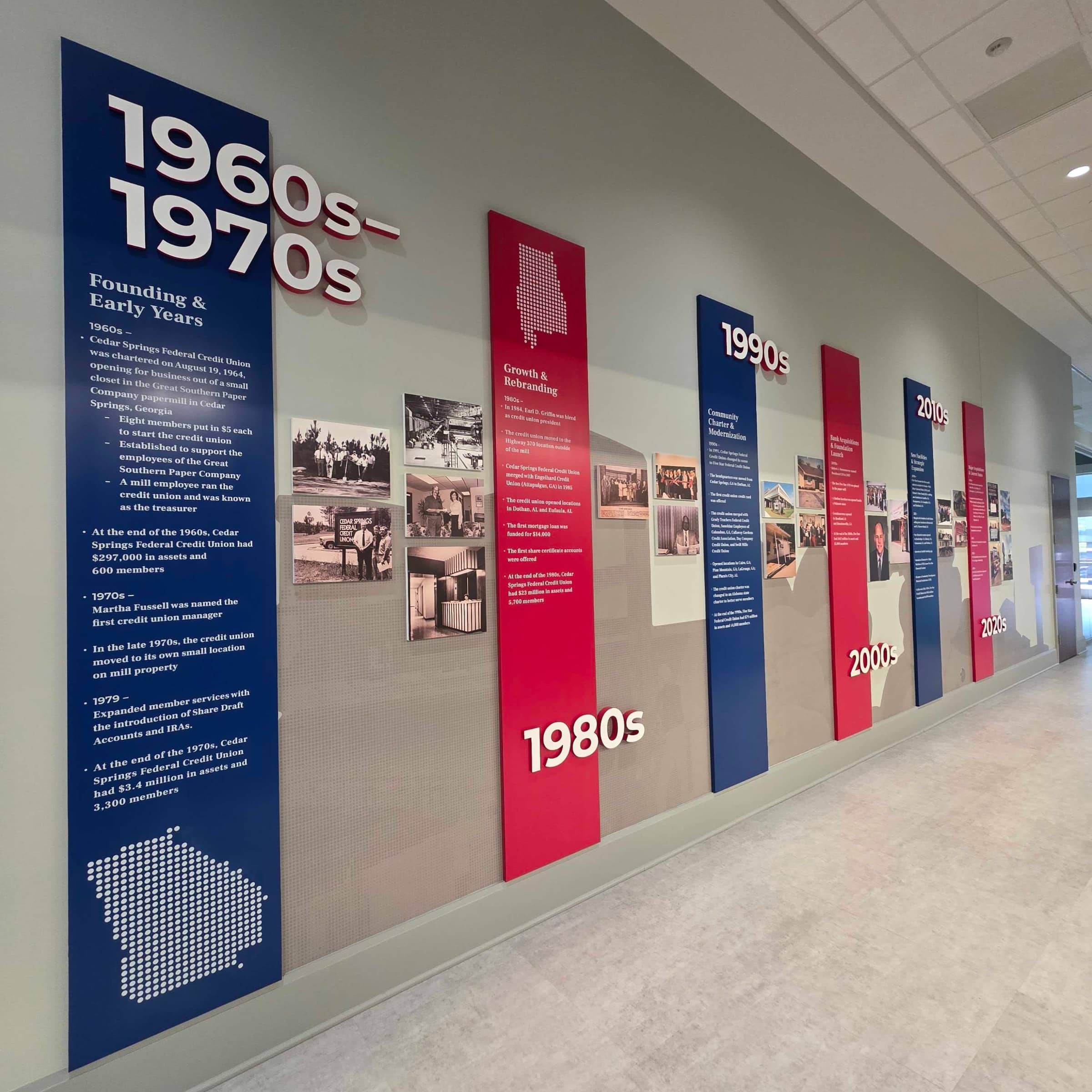 Timeline wall 1960s-2020s, Five Star Credit Union, Dothan, AL, by High Stakes Creative