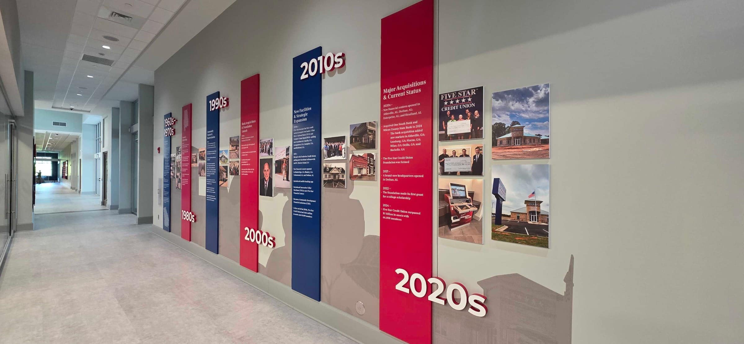Timeline wall 1960s-2020s, Five Star Credit Union, Dothan, AL, by High Stakes Creative