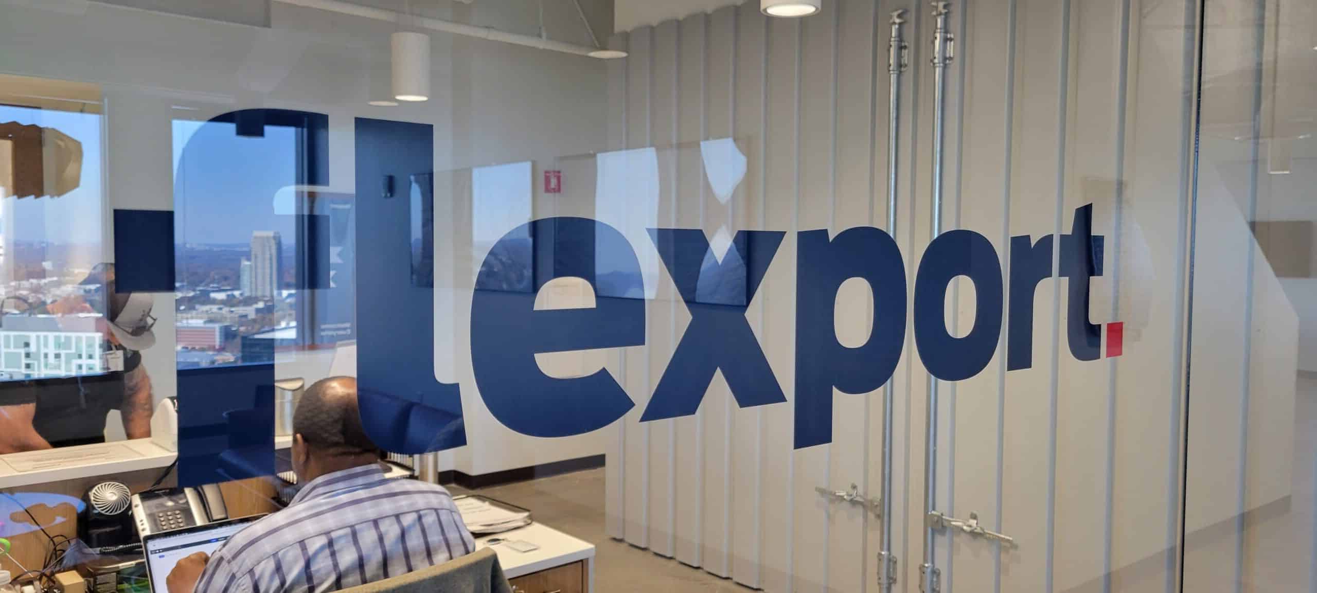 Logo glass graphics, Flexport, Atlanta, GA, by High Stakes Creative