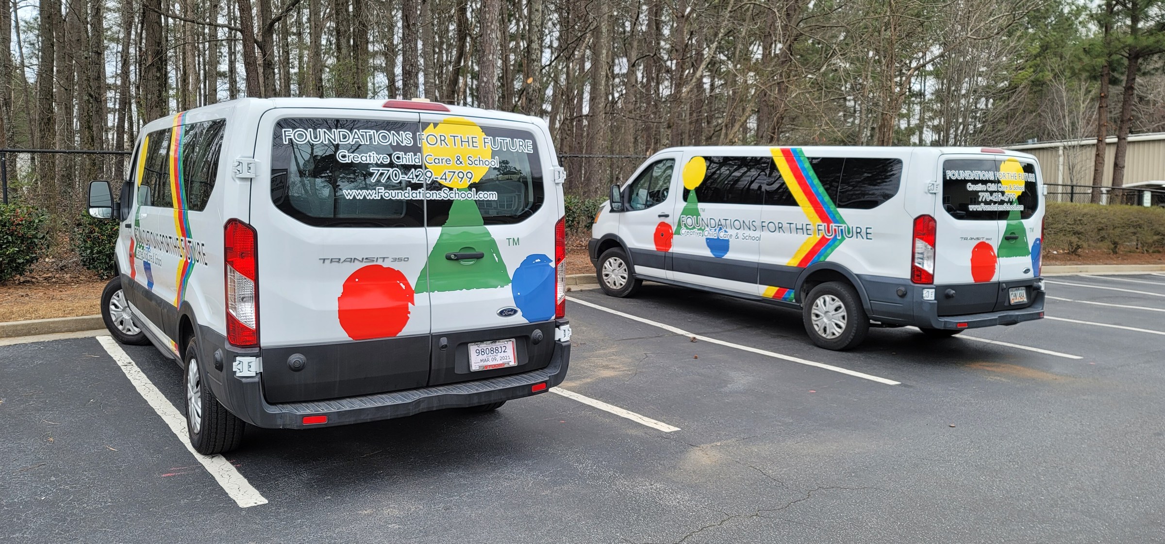 Two Ford Transit vans with matching graphics, rear and side, Foundations for the Future Creative Child Care & School, by High Stakes Creative