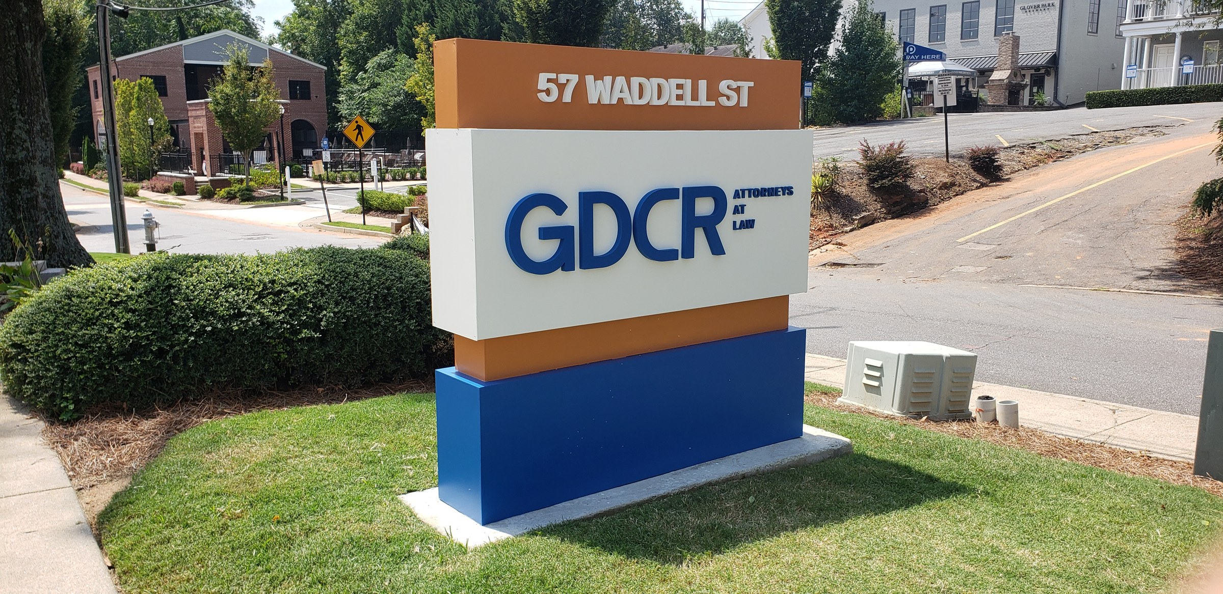 Monument sign, side angle, GDCR Attorneys at Law, Marietta, GA, by High Stakes Creative