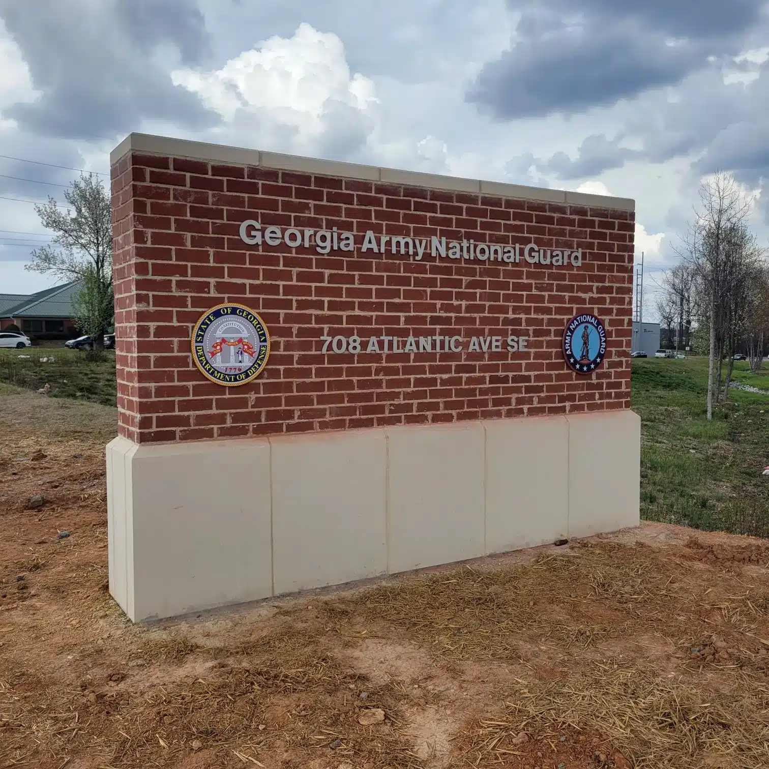 Monument sign with seals, Georgia Army National Guard, by High Stakes Creative