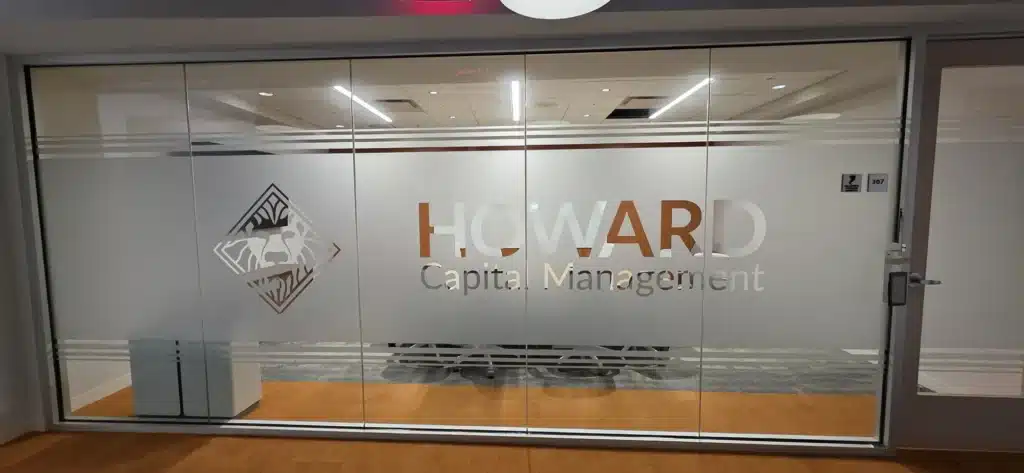Frosted glass office branding, Howard Capital Management, by High Stakes Creative, metro Atlanta