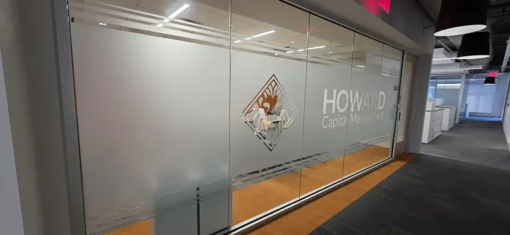 Office glass privacy film with logo, Howard Capital Management, by High Stakes Creative
