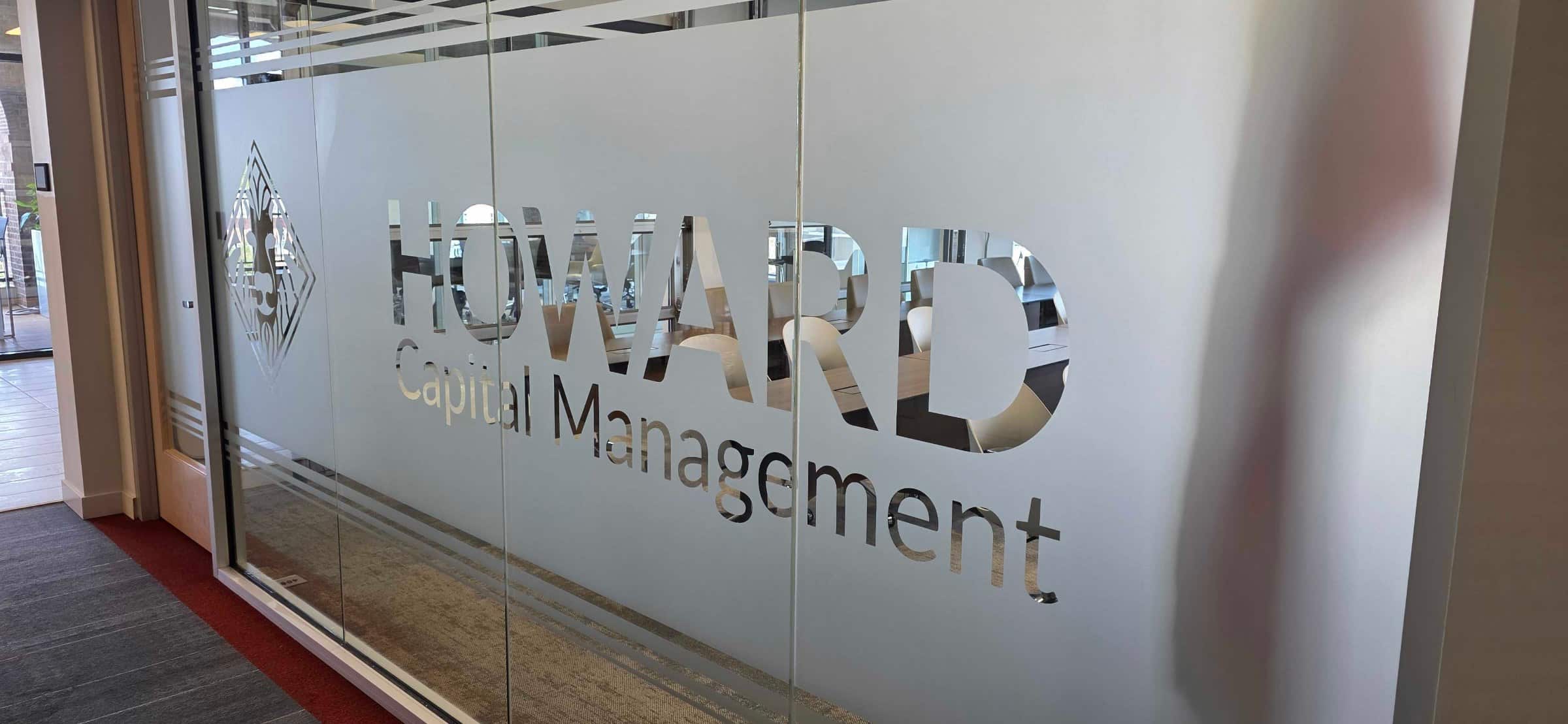 Dimensional logo on frosted glass, Howard Capital Management, Roswell, GA, by High Stakes Creative