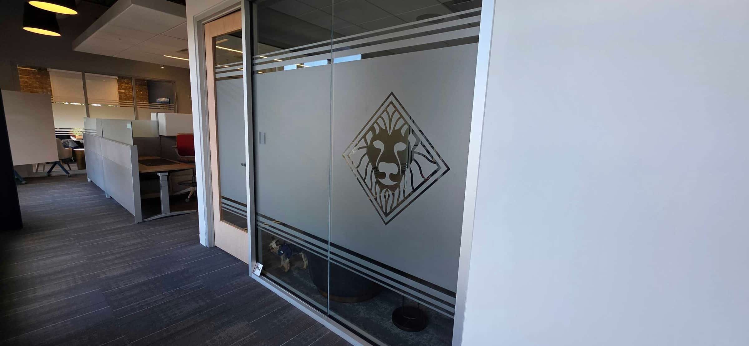 Frosted glass logo office, Howard Capital Management, Roswell, GA, by High Stakes Creative