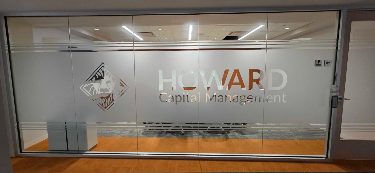 Office glass graphics with logo, frosted bands, Howard Capital Management, Roswell, GA, by High Stakes Creative