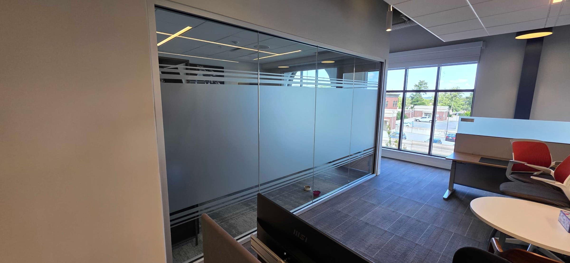 Office glass graphics with logo, frosted bands, Howard Capital Management, Roswell, GA, by High Stakes Creative