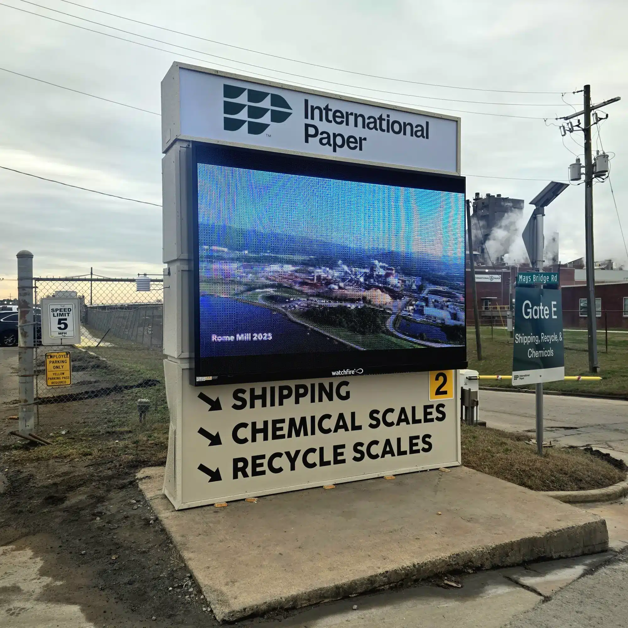 Digital display monument and wayfinding signage for International Paper, installed by High Stakes Creative