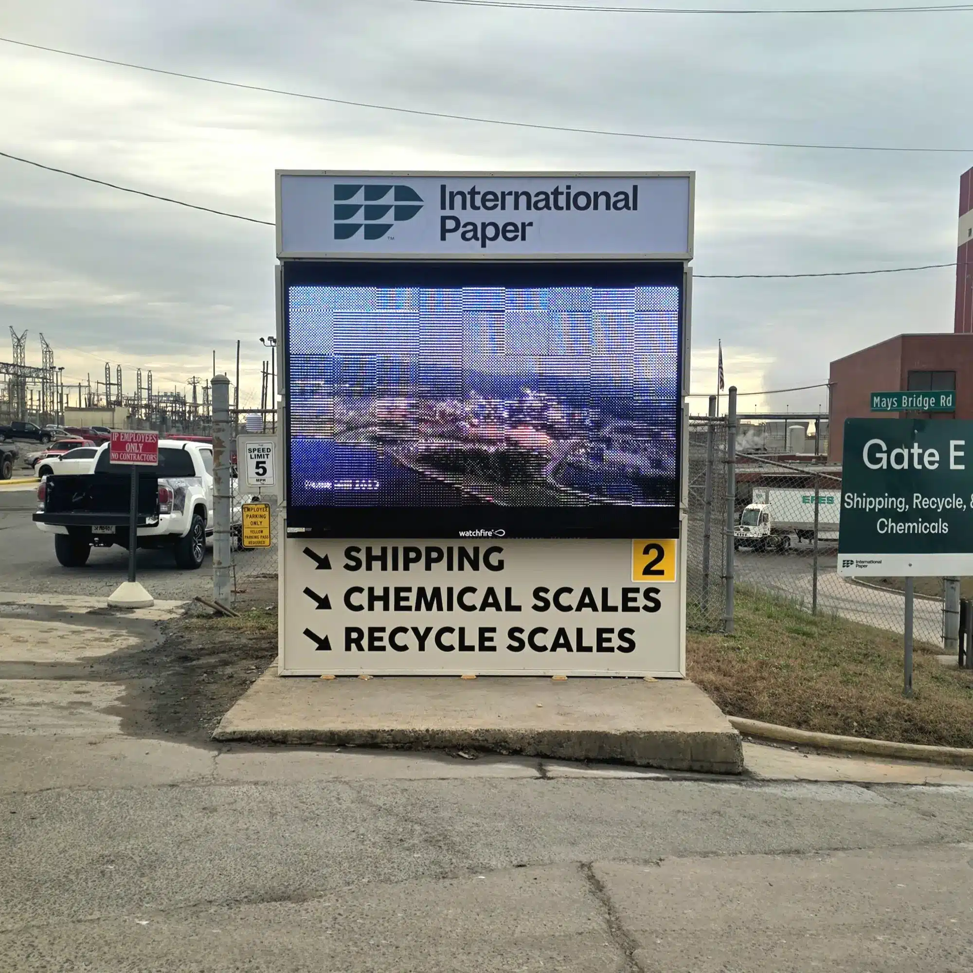 Digital display monument and wayfinding signage for International Paper, installed by High Stakes Creative