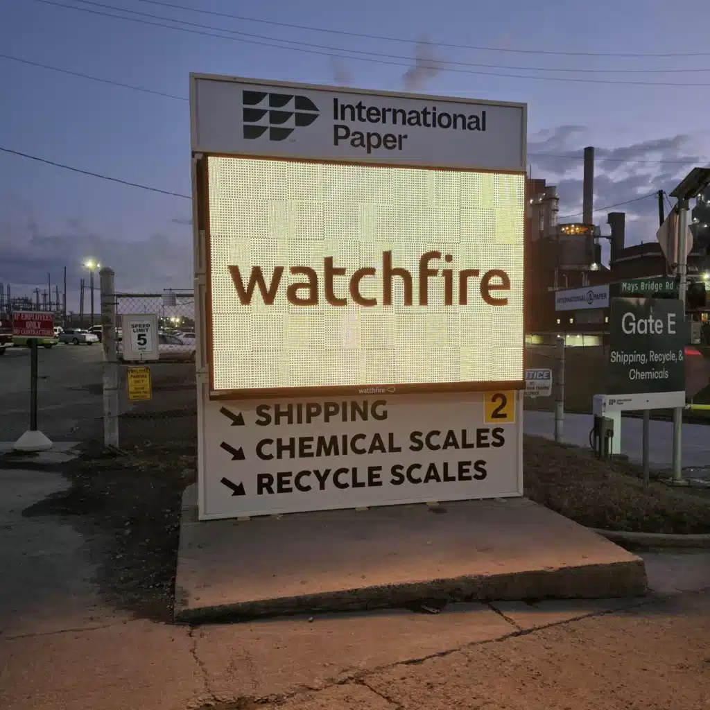Illuminated monument at dusk, International Paper, by High Stakes Creative