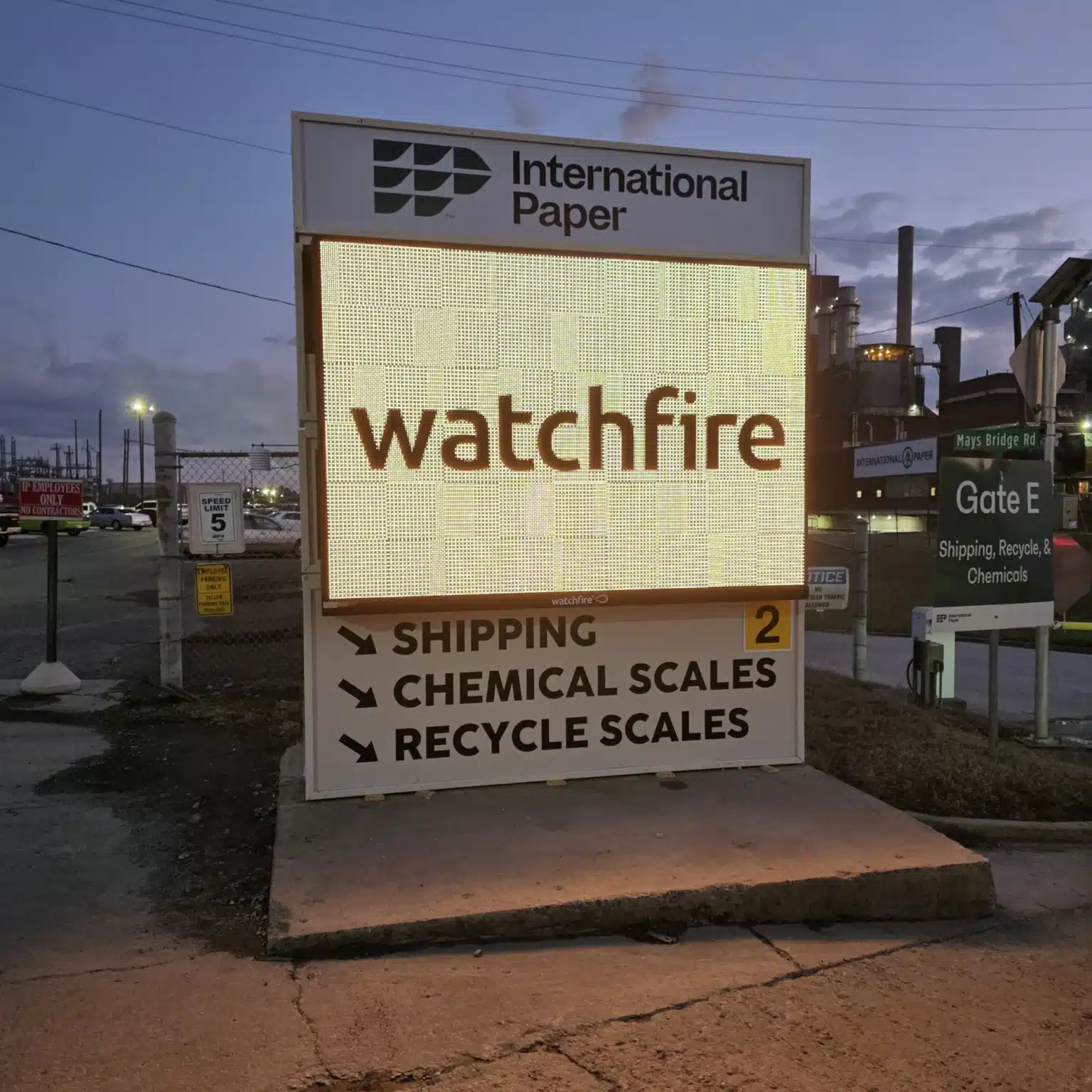 Digital display monument and wayfinding signage for International Paper, installed by High Stakes Creative