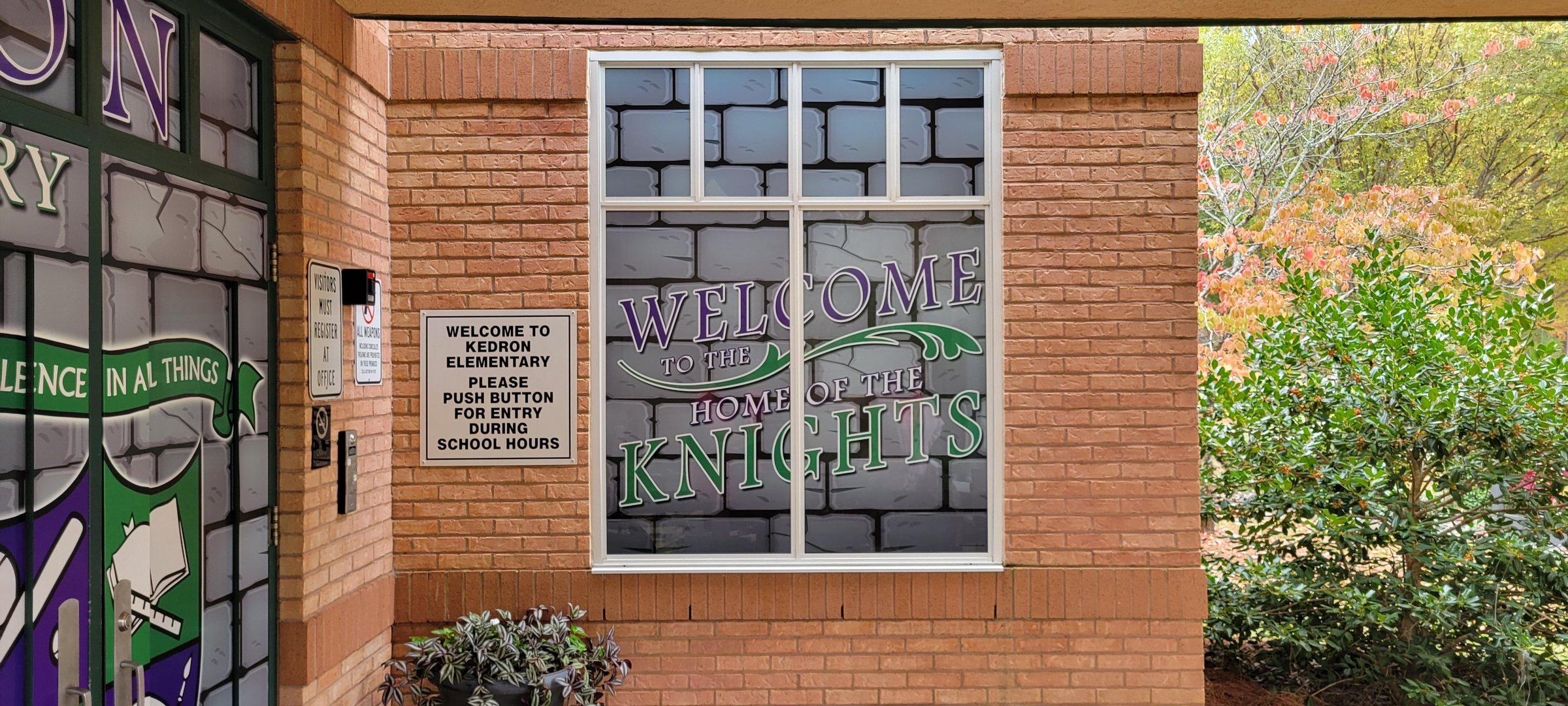 'Welcome Home of the Knights' window graphic, Kedron Elementary School, by High Stakes Creative