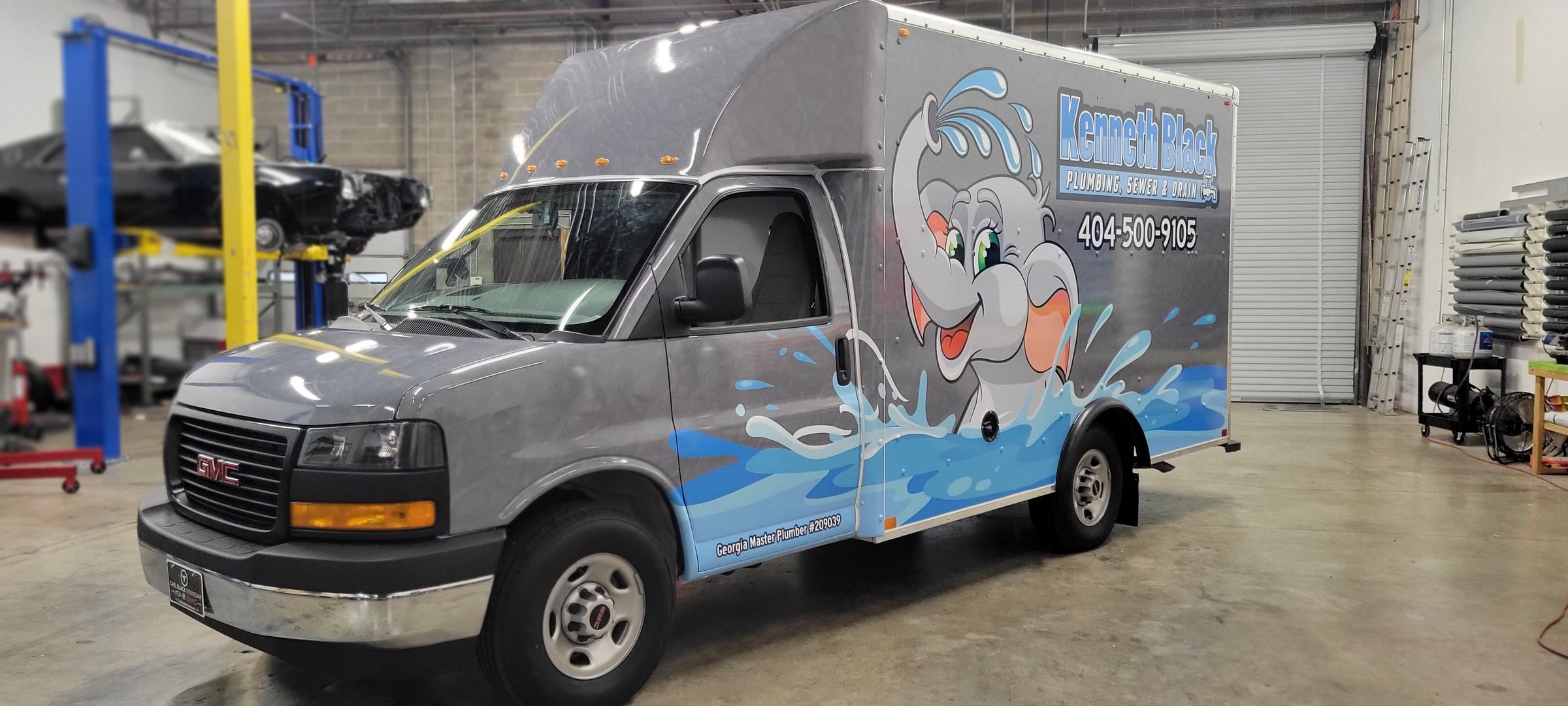 Box truck wrap, front three-quarter view, Kenneth Black Plumbing, by High Stakes Creative