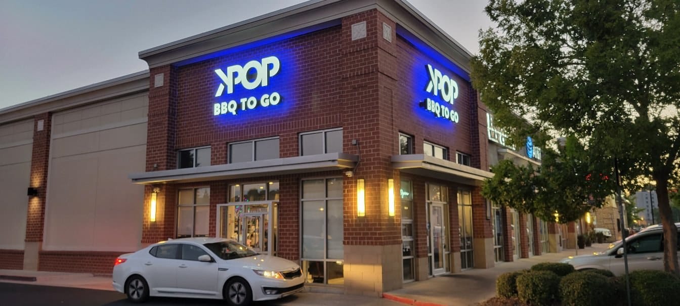 Exterior, two elevations lit, KPOP BBQ To Go, by High Stakes Creative