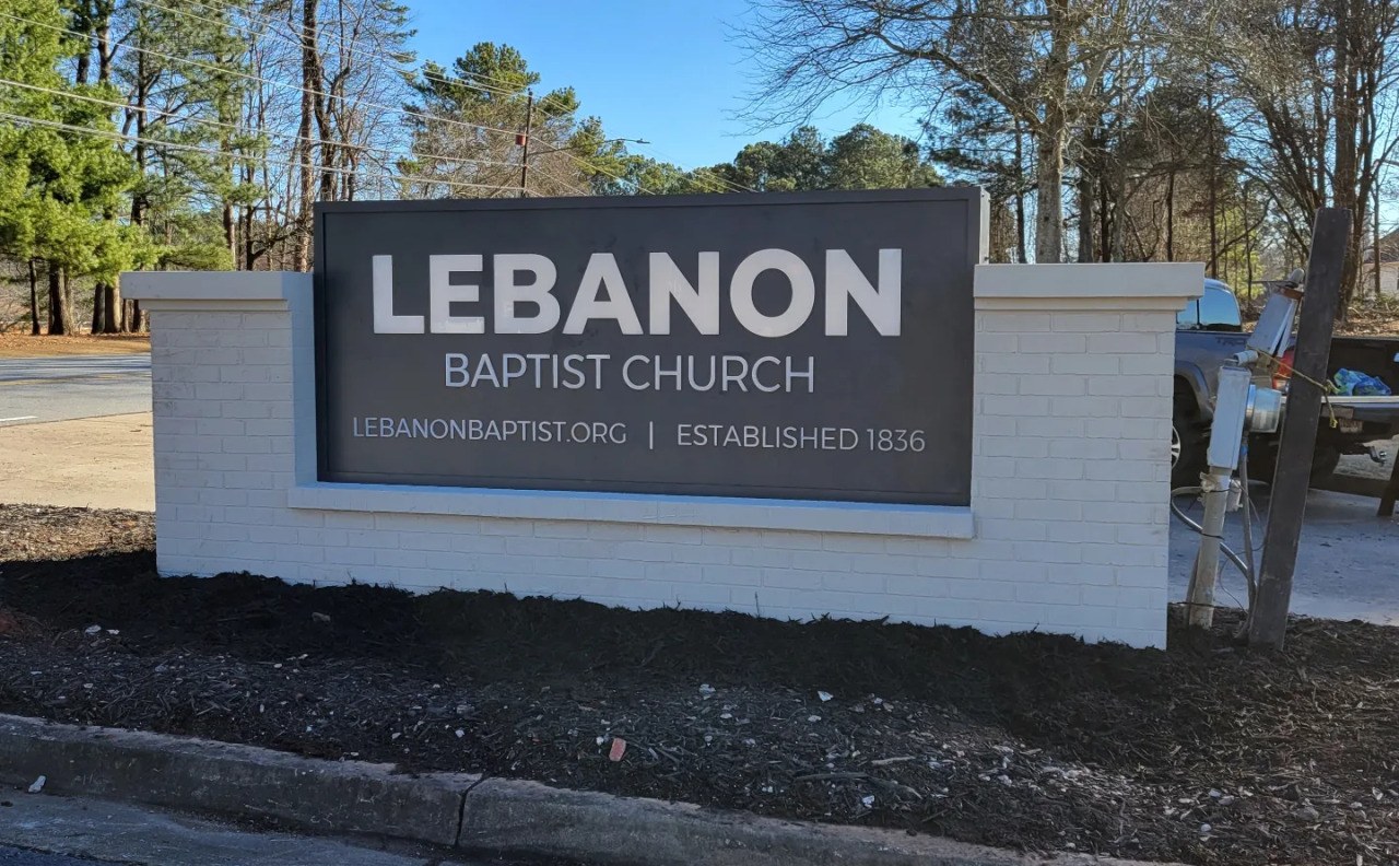 White brick monument with dark Lebanon Baptist Church panel, Lebanon Baptist Church, by High Stakes Creative