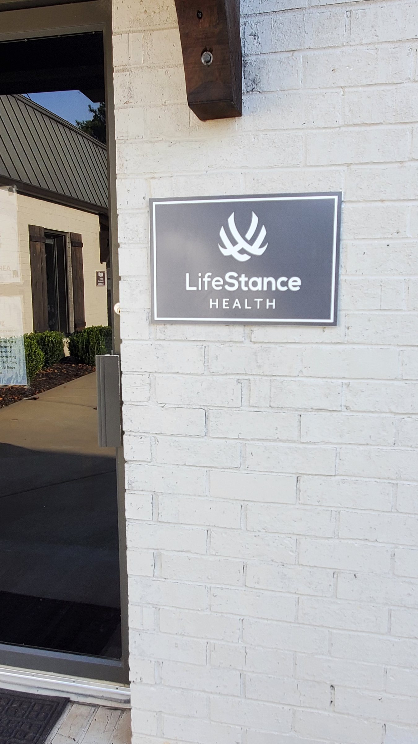 Exterior logo panel sign on brick, LifeStance Health, Athens, GA, by High Stakes Creative