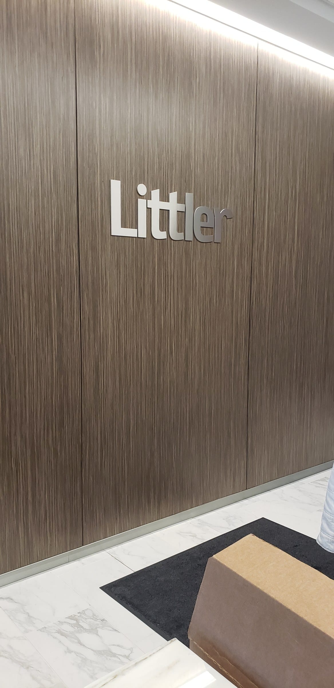 Brushed-metal dimensional "Littler" lettering on dark wood elevator-lobby walls, 12th floo, Littler, Atlanta, GA, by High Stakes Creative