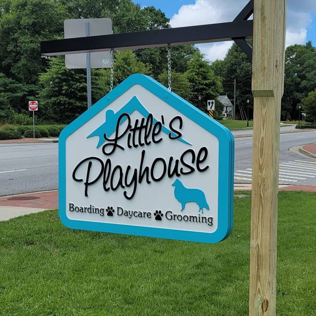 House-shaped dimensional hanging sign: boarding, daycare, grooming, Little's Playhouse, by High Stakes Creative