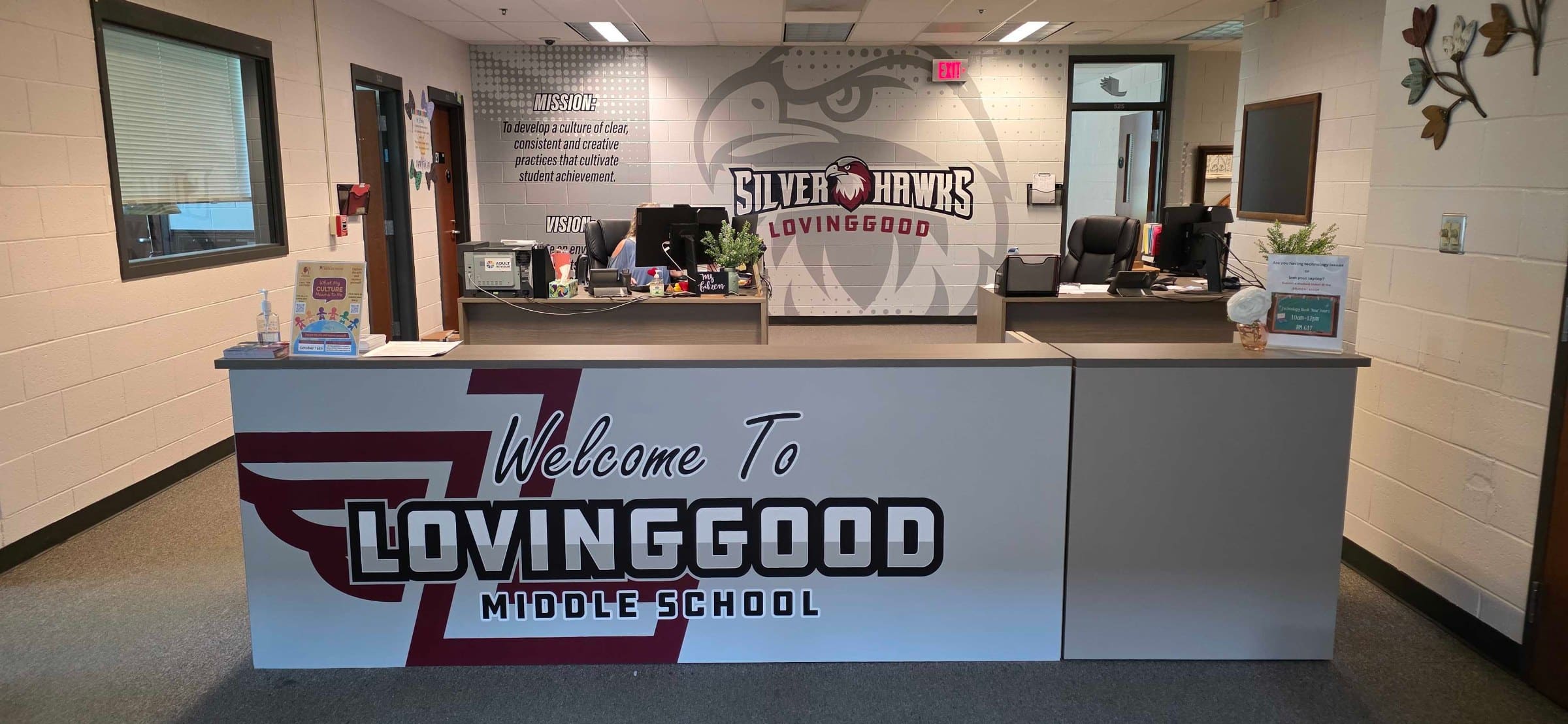Silver Hawks hallway and front office wall graphics, Lovinggood Middle School, Powder Springs, GA, by High Stakes Creative