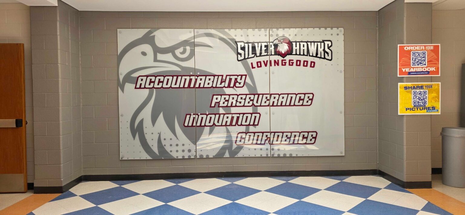 Silver Hawks hallway and front office wall graphics, Lovinggood Middle School, Powder Springs, GA, by High Stakes Creative