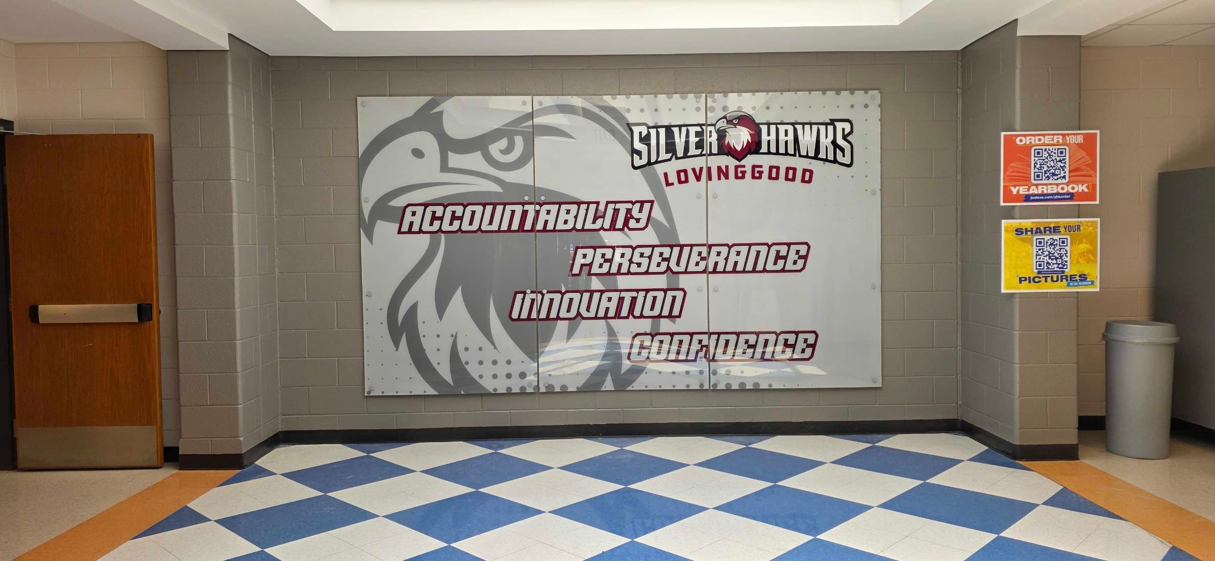 Silver Hawks hallway and front office wall graphics, Lovinggood Middle School, Powder Springs, GA, by High Stakes Creative