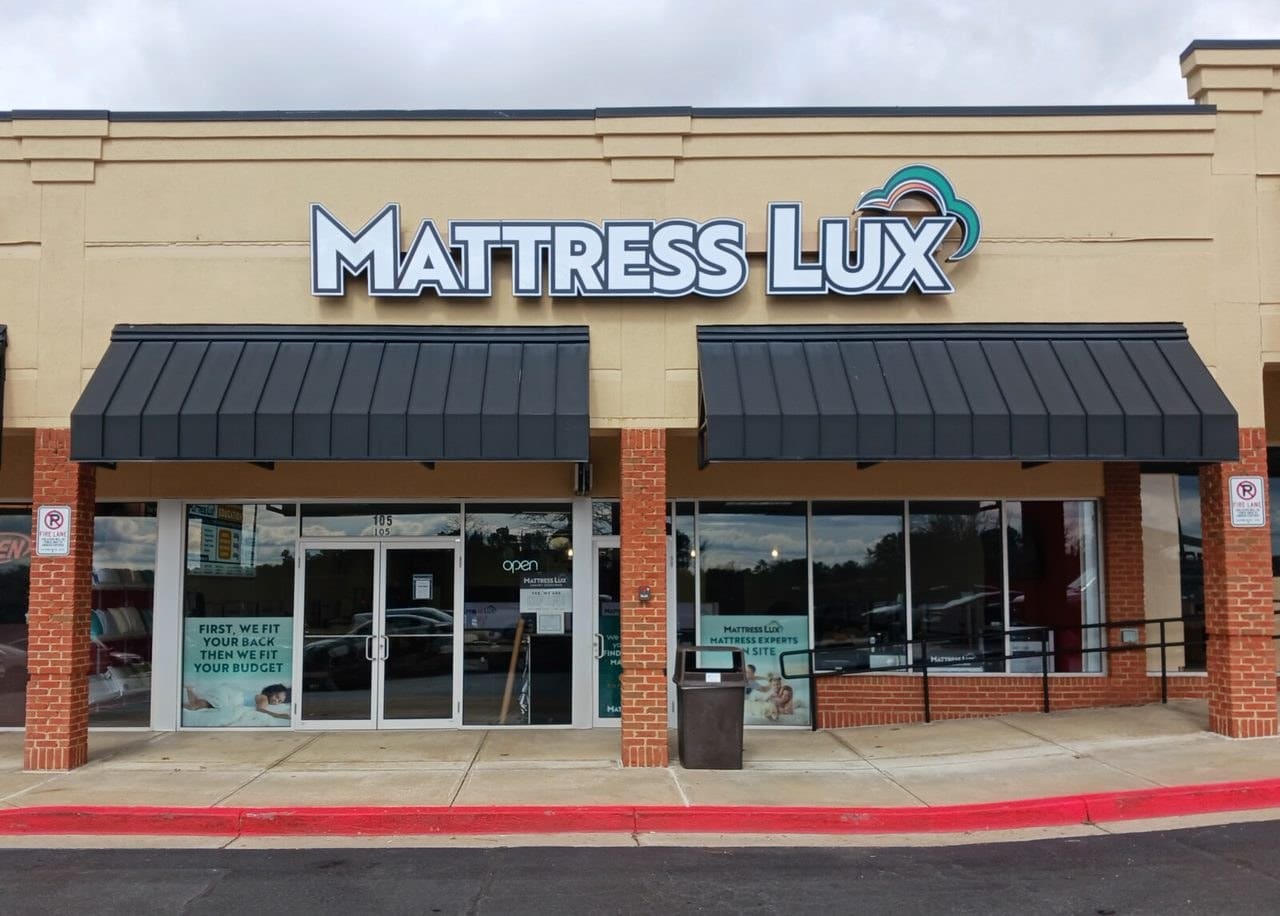 Mattress Lux storefront letters on retail strip, Mattress Lux, by High Stakes Creative