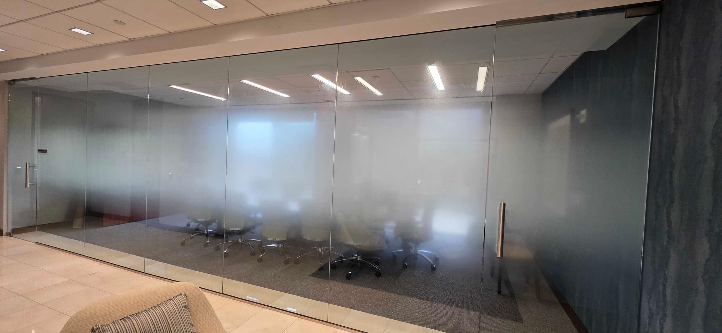 Office frosted glass and dimensional logo wall, Merrill, a Bank of America company, by High Stakes Creative