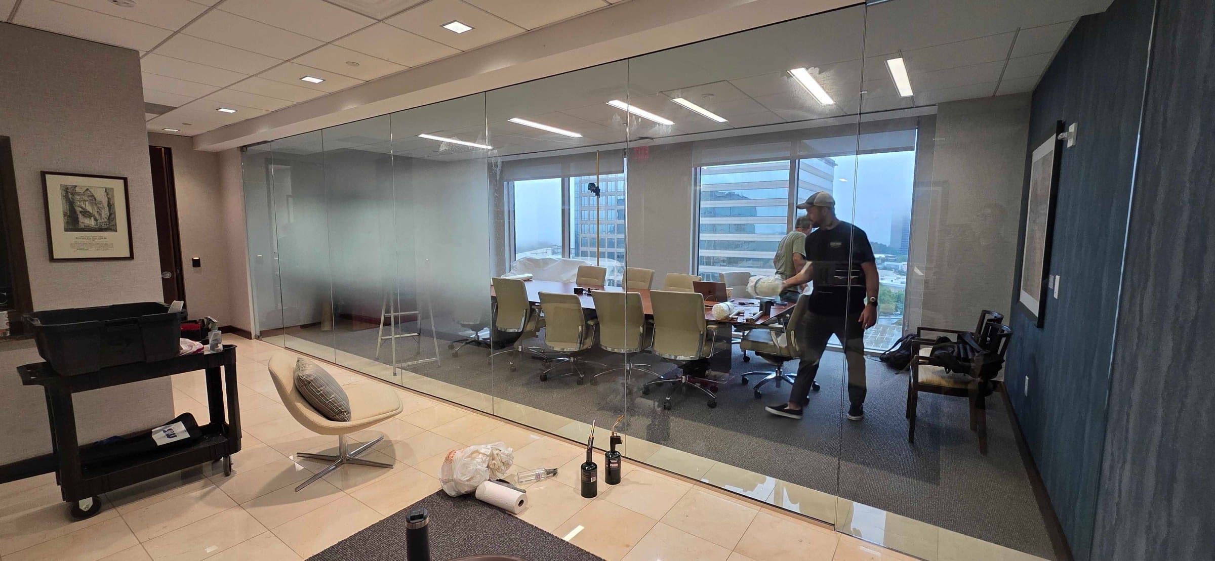 Office frosted glass and dimensional logo wall, Merrill, a Bank of America company, by High Stakes Creative
