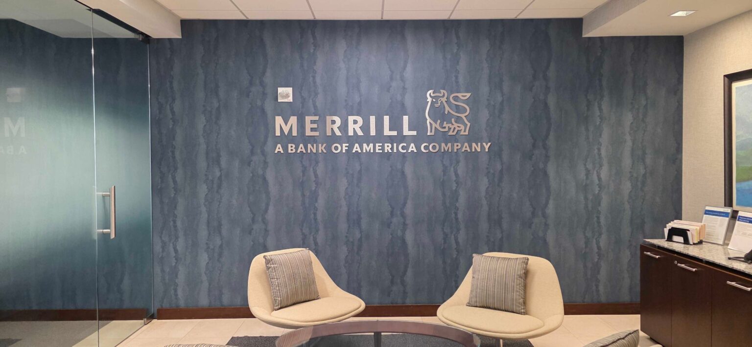 Office frosted glass and dimensional logo wall, Merrill, a Bank of America company, by High Stakes Creative