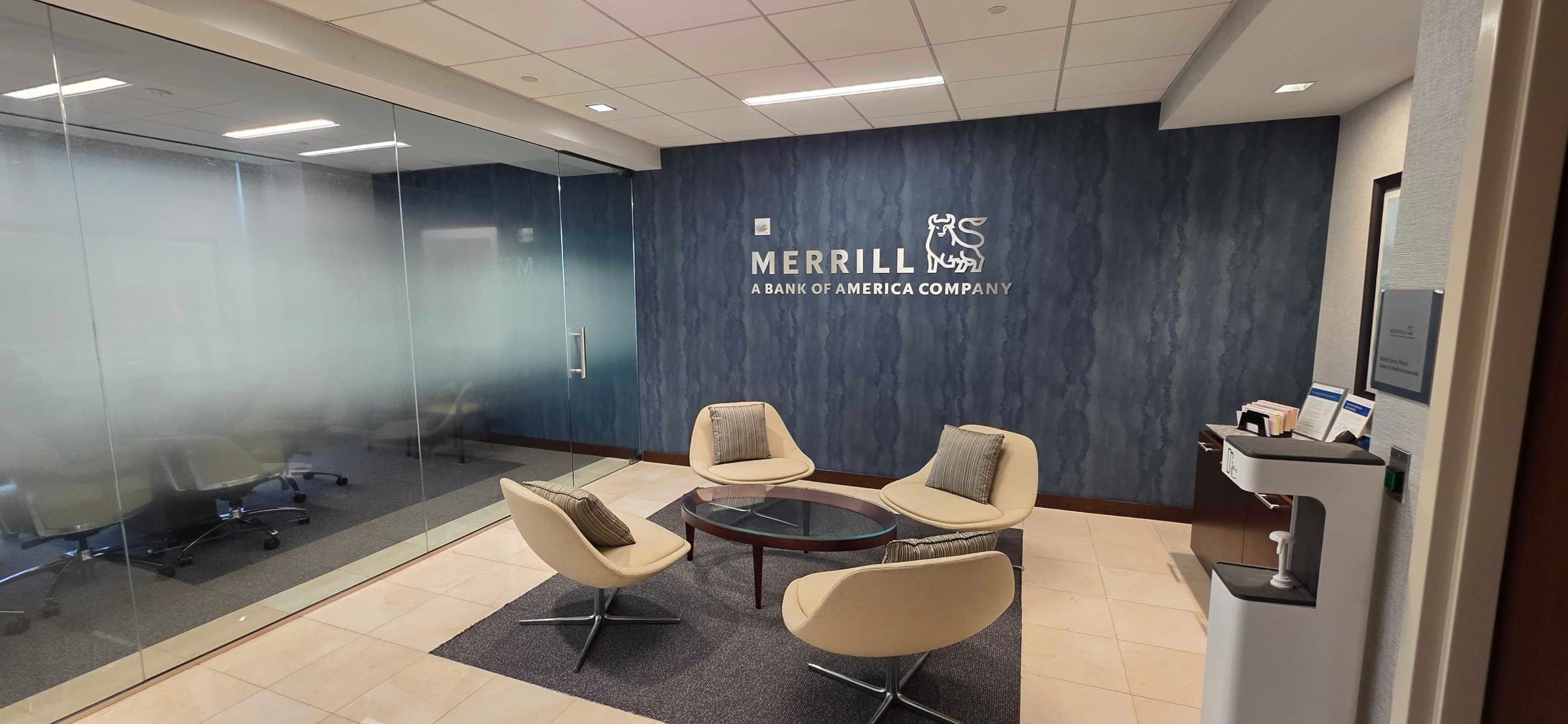 Office frosted glass and dimensional logo wall, Merrill, a Bank of America company, by High Stakes Creative