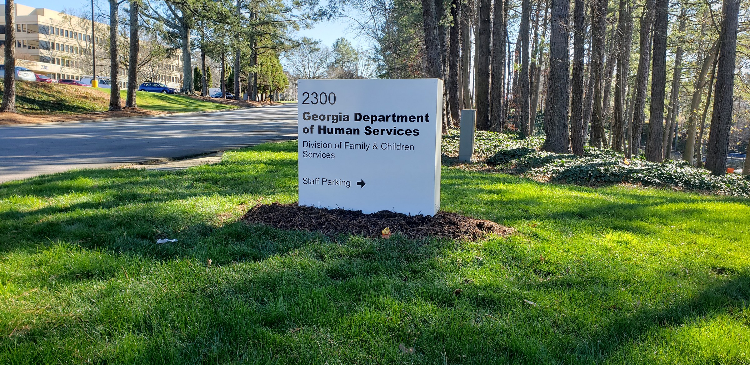 Georgia Department of Human Services post-and-panel sign, 2300, staff parking, Northlake Office Park, Atlanta, GA, by High Stakes Creative