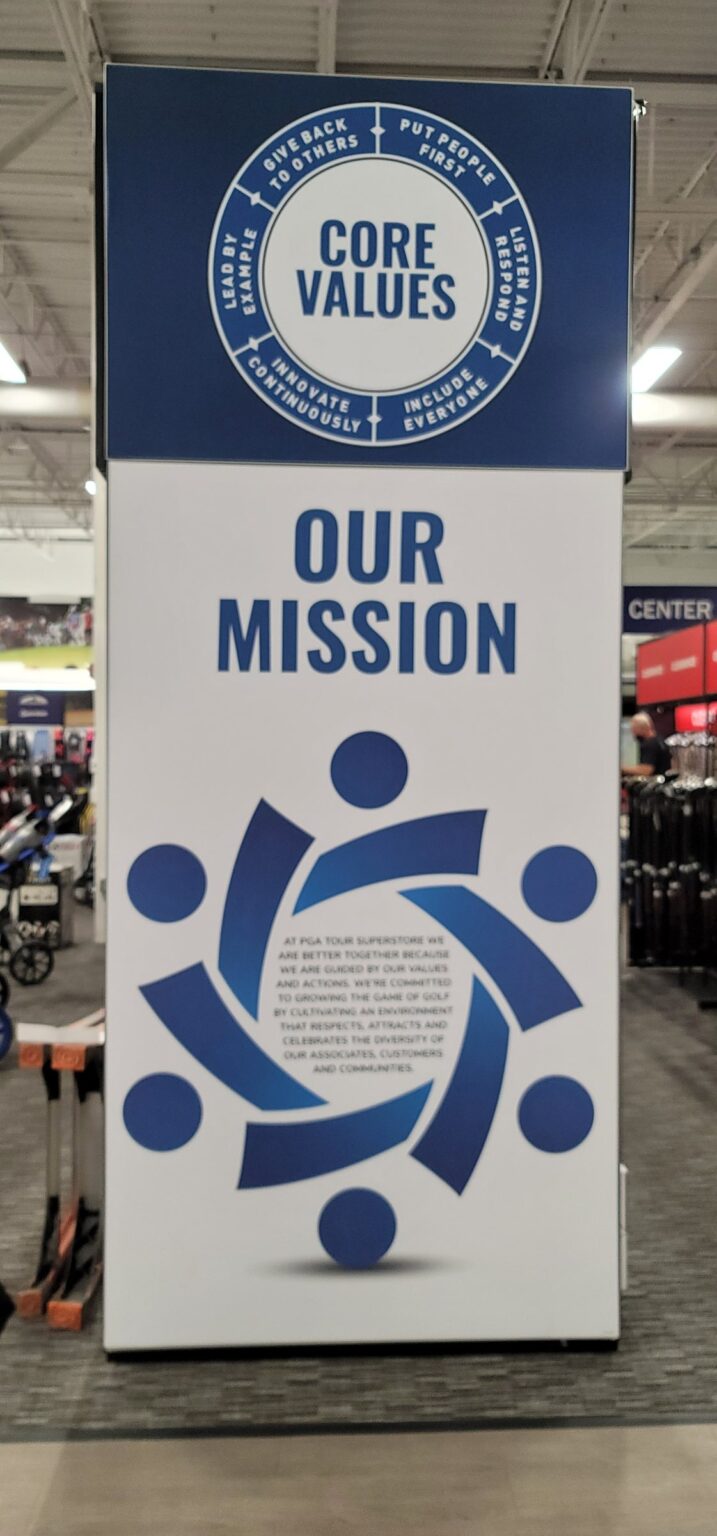 Core values and mission column wrap, PGA TOUR Superstore, Lawrenceville, GA, by High Stakes Creative
