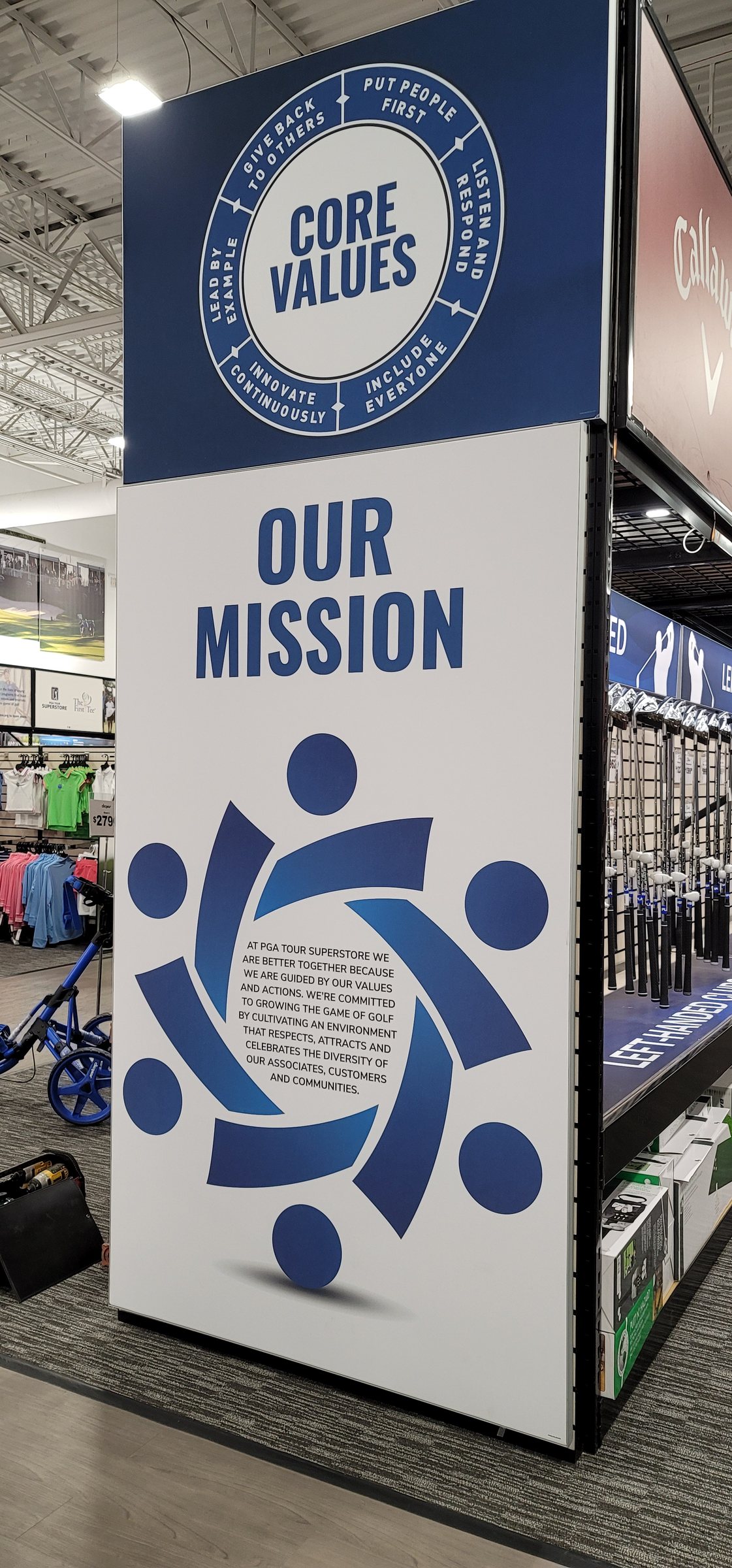 Mission column graphics, angled view, PGA TOUR Superstore, Lawrenceville, GA, by High Stakes Creative