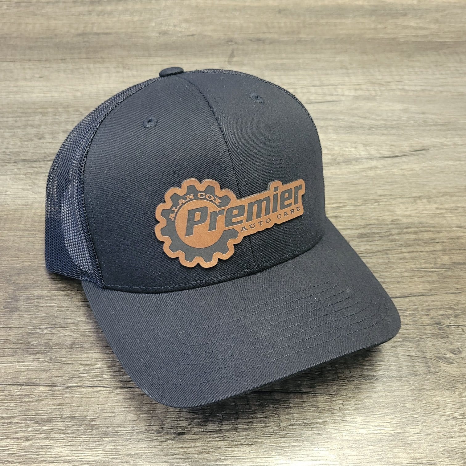 Laser-engraved leatherette patch hat, Premier Auto Care, by High Stakes Creative
