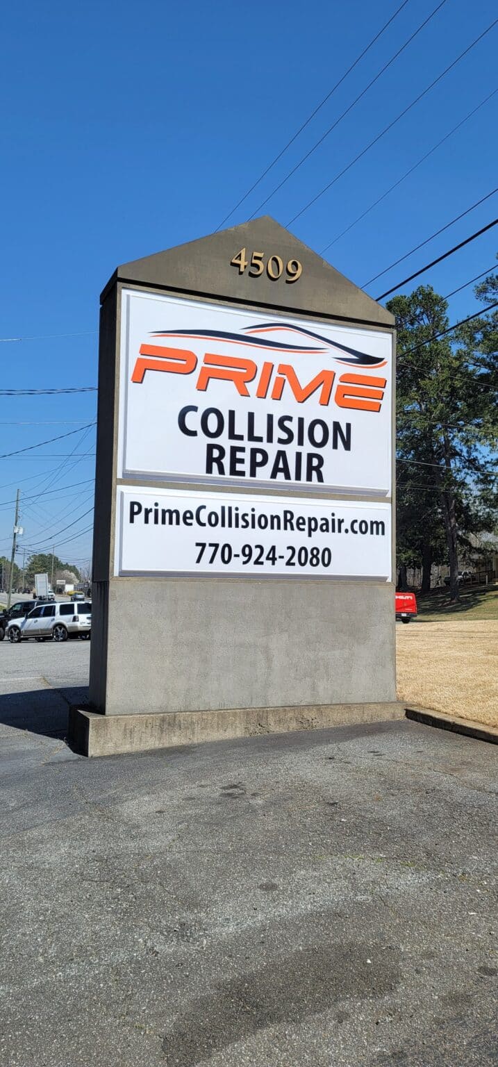 Pylon sign face with Prime Collision Repair logo, website and phone, address 4509, Prime Collision Repair, by High Stakes Creative