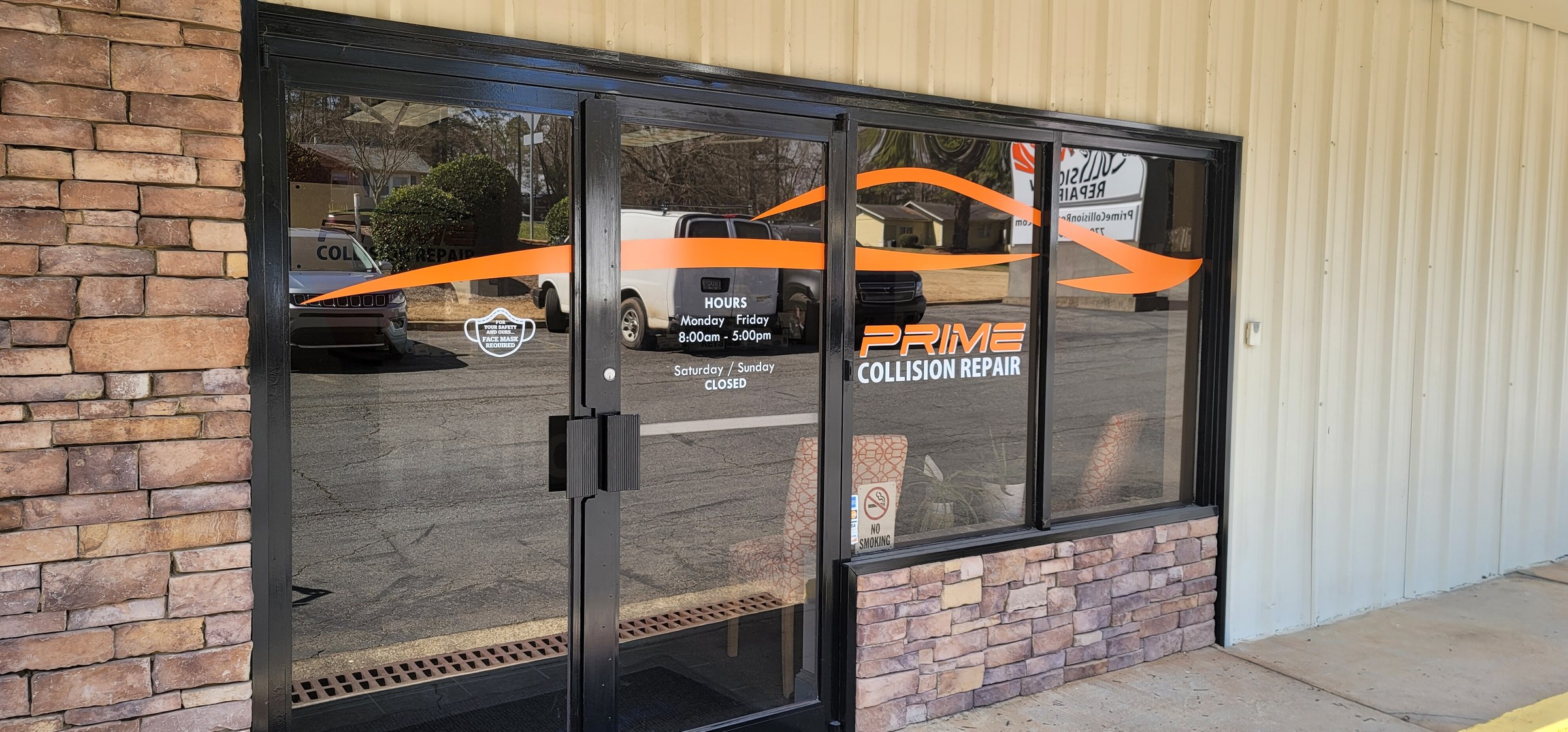 Storefront door vinyl with logo and hours, Prime Collision Repair, by High Stakes Creative