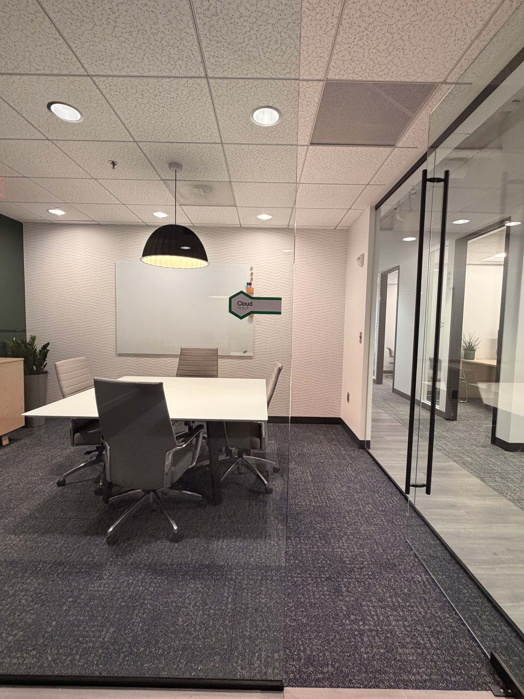 Conference room hexagon name decals on glass, SeekNow, Atlanta, GA, by High Stakes Creative