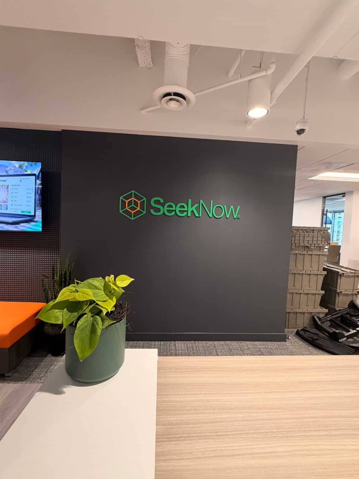 Illuminated dimensional lobby logo, SeekNow, Atlanta, GA, by High Stakes Creative