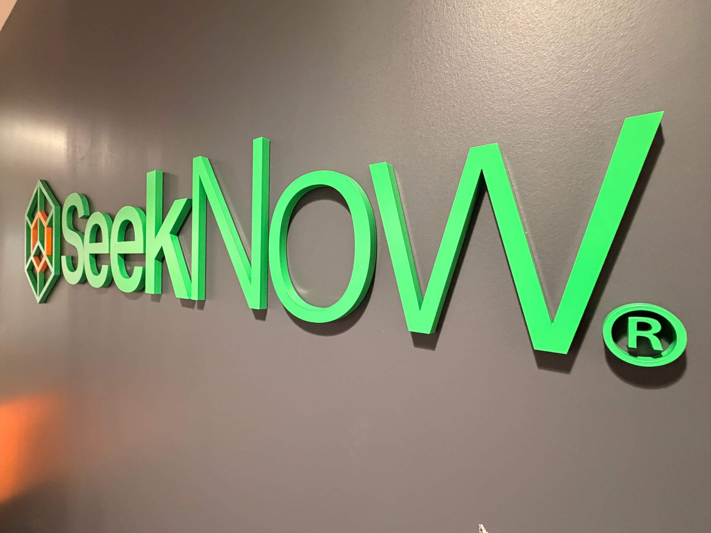 Illuminated dimensional lobby logo, SeekNow, Atlanta, GA, by High Stakes Creative