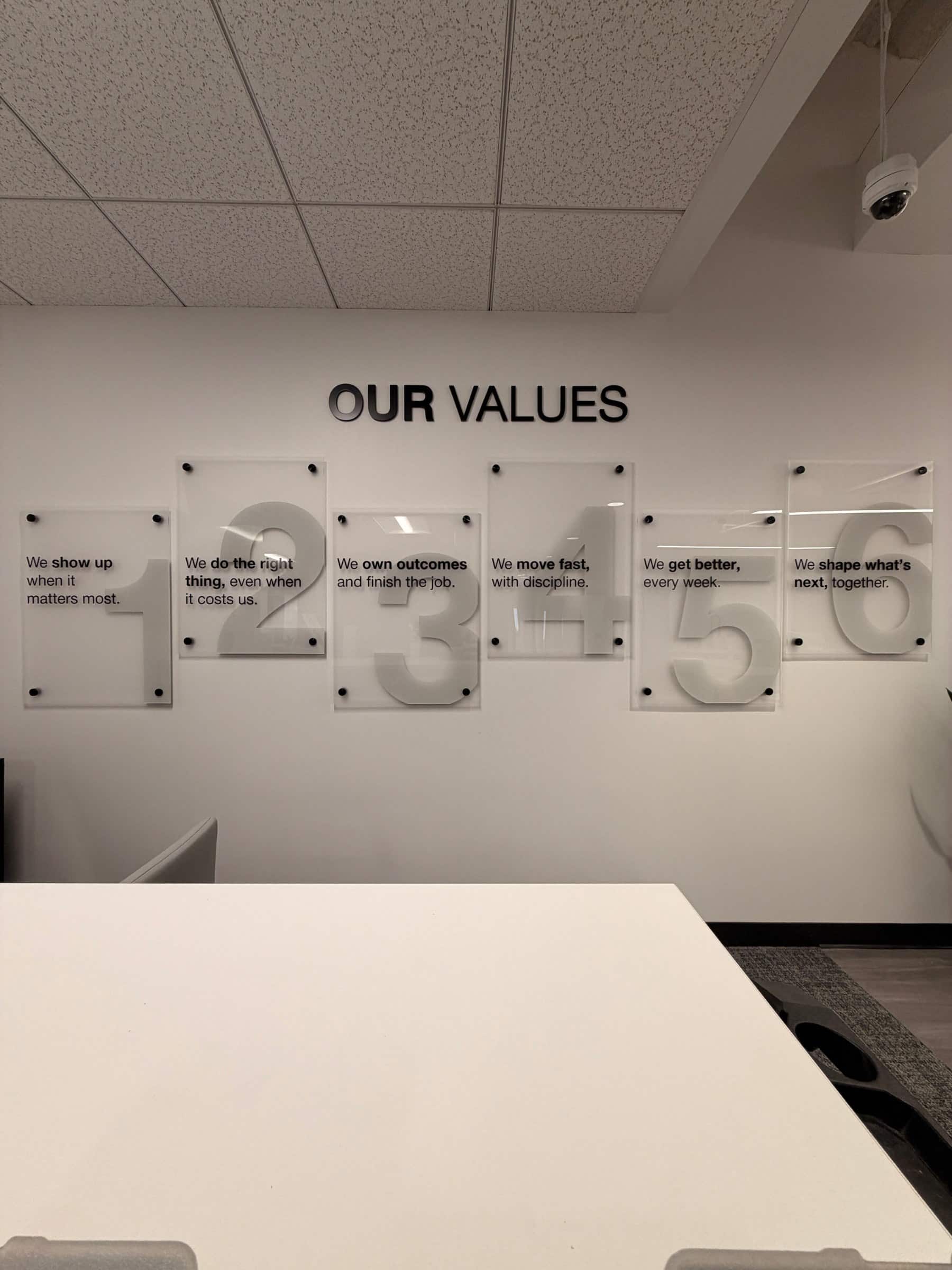 "Our values" wall lettering, SeekNow, Atlanta, GA, by High Stakes Creative