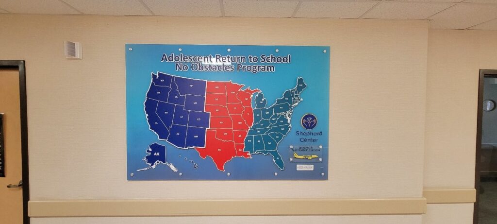 Adolescent Return to School No Obstacles Program US map wall display, Shepherd Center, Atlanta, GA, by High Stakes Creative