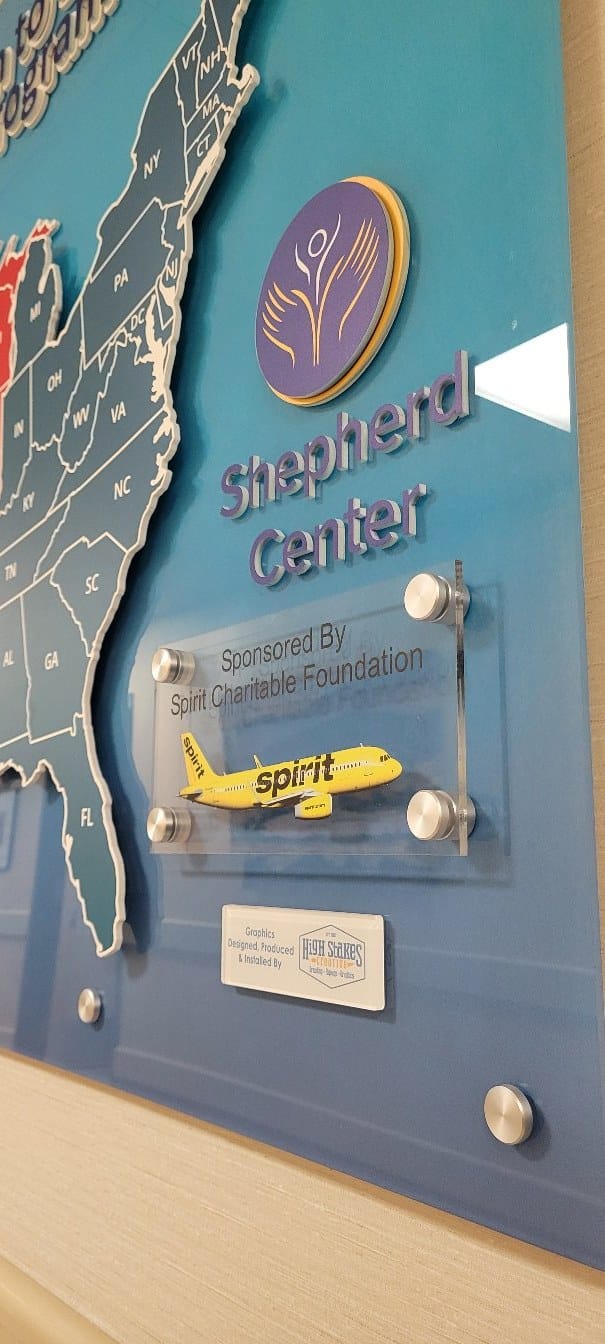 Logo and sponsor plaque detail, Shepherd Center, Atlanta, GA, by High Stakes Creative