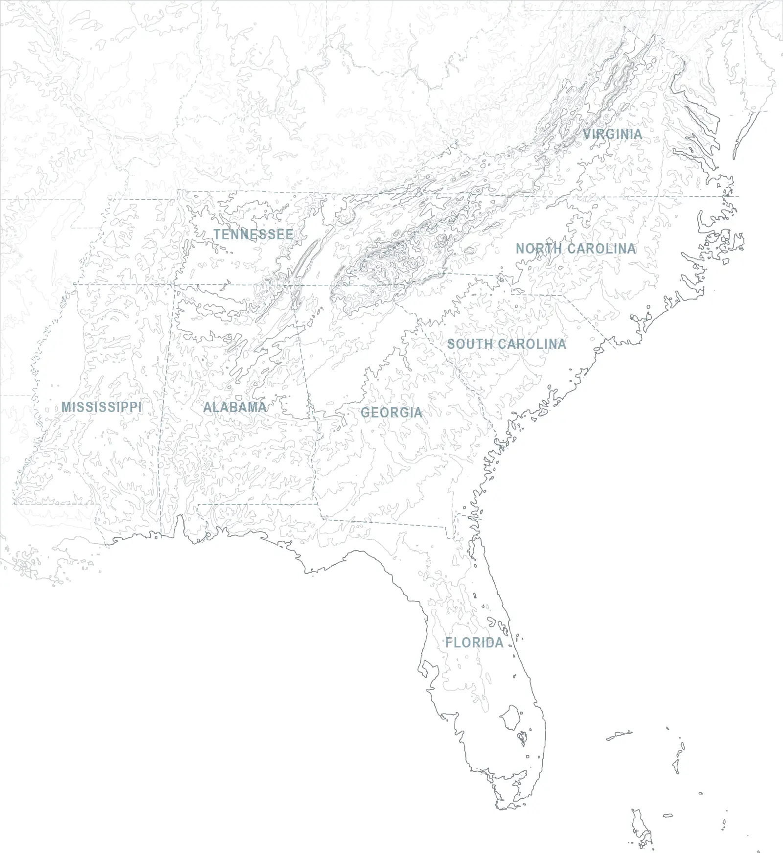Topographic map of the Southeastern United States showing Georgia, Alabama, Tennessee, South Carolina, North Carolina, Florida, Mississippi and Virginia, with the Kennesaw studio and the cities we serve