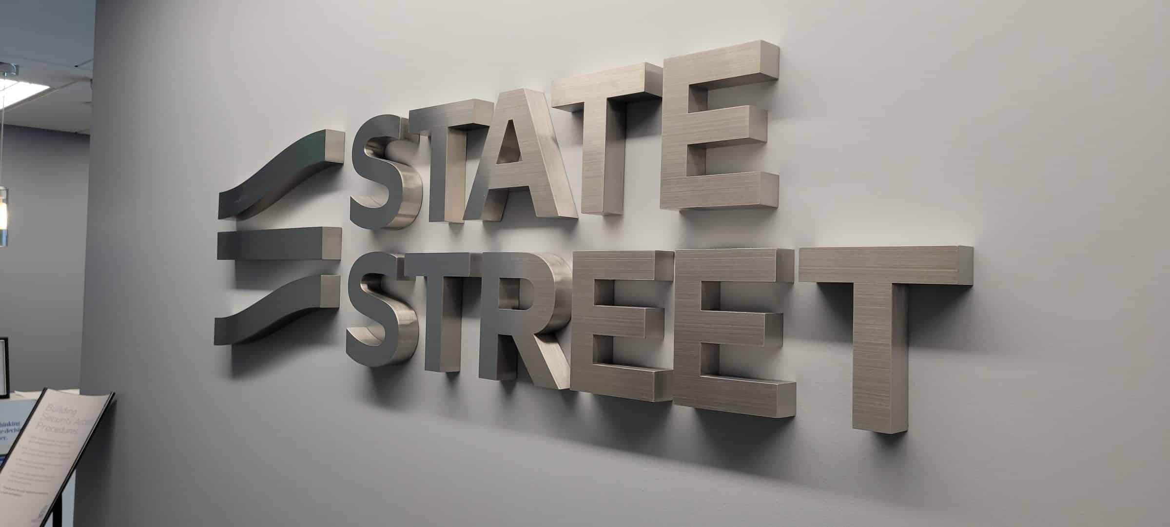 Dimensional lobby logo, angled view showing letter depth, State Street, Buckhead, GA, by High Stakes Creative
