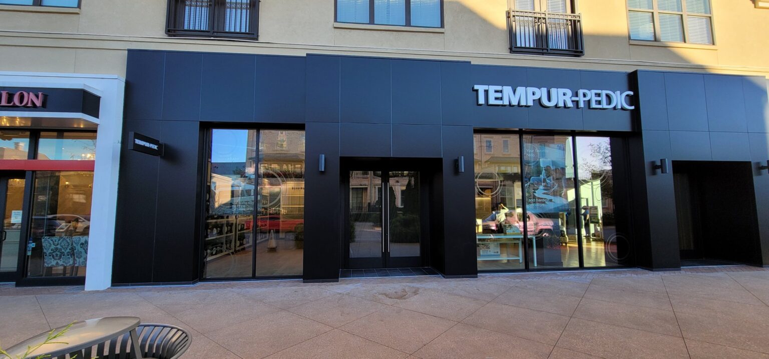 Flagship storefront with dimensional logo, Tempur-Pedic, Alpharetta, GA, by High Stakes Creative