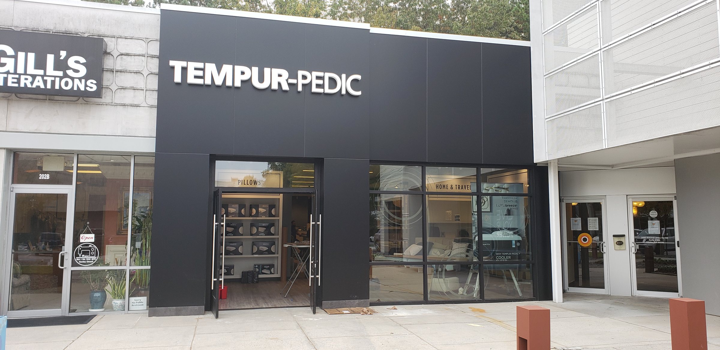 Storefront with dimensional logo and window graphics, Tempur-Pedic, Atlanta, GA, by High Stakes Creative