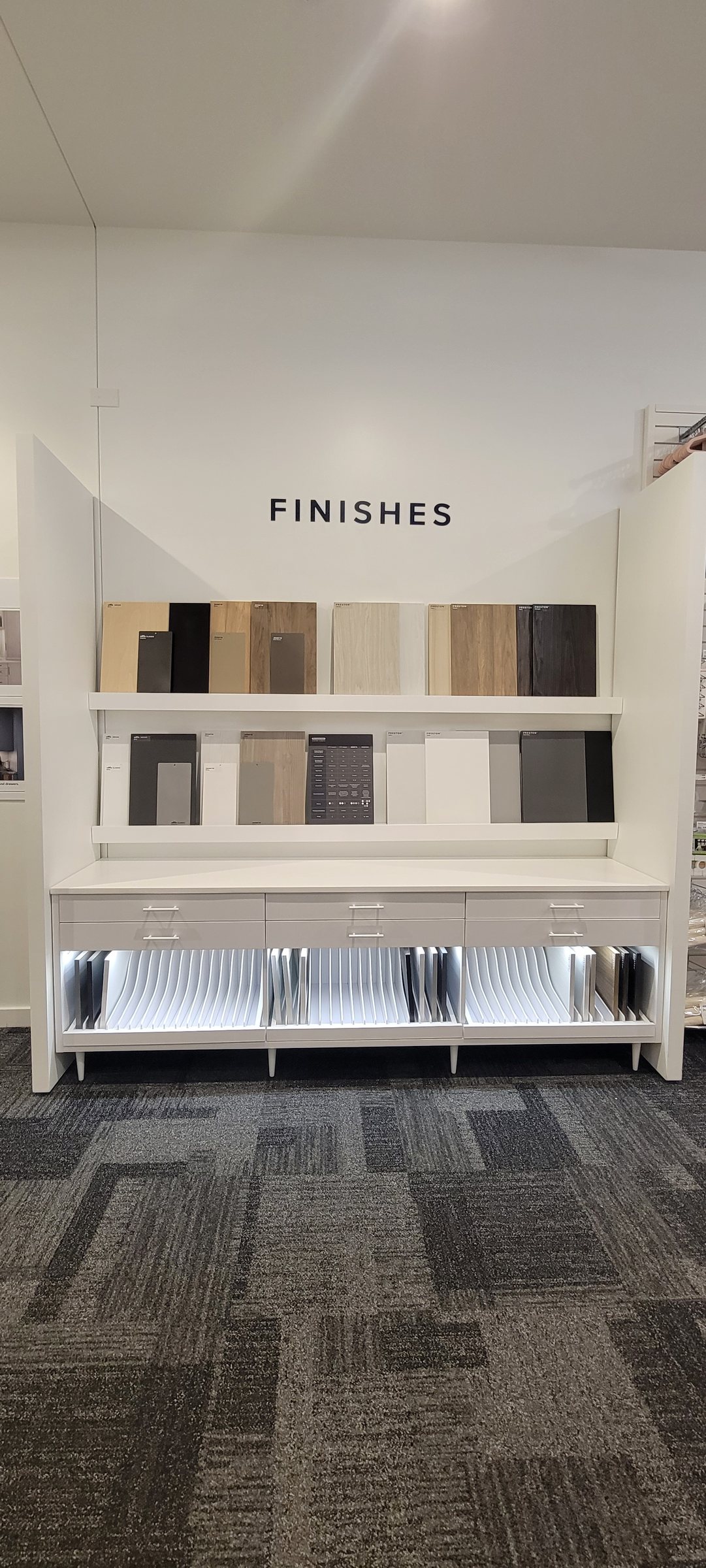Finishes wall display with header graphic, The Container Store, Alpharetta, GA, by High Stakes Creative