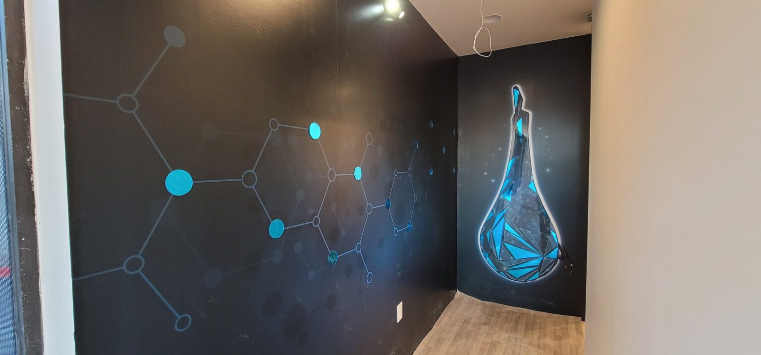 Molecule and IV-drop wall mural, The DRIPBaR, Brookhaven, GA, by High Stakes Creative