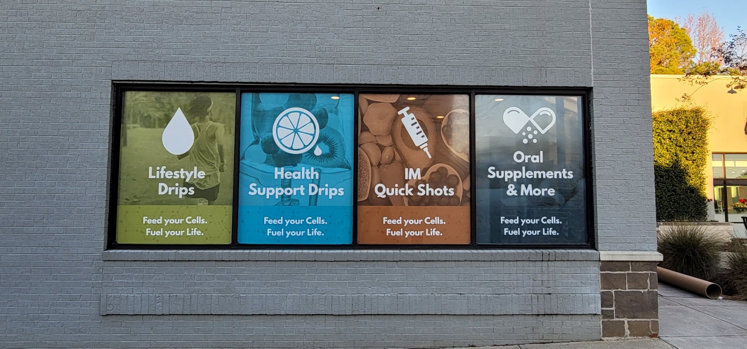 Storefront window graphics for IV drip menu, The DRIPBaR, Brookhaven, GA, by High Stakes Creative